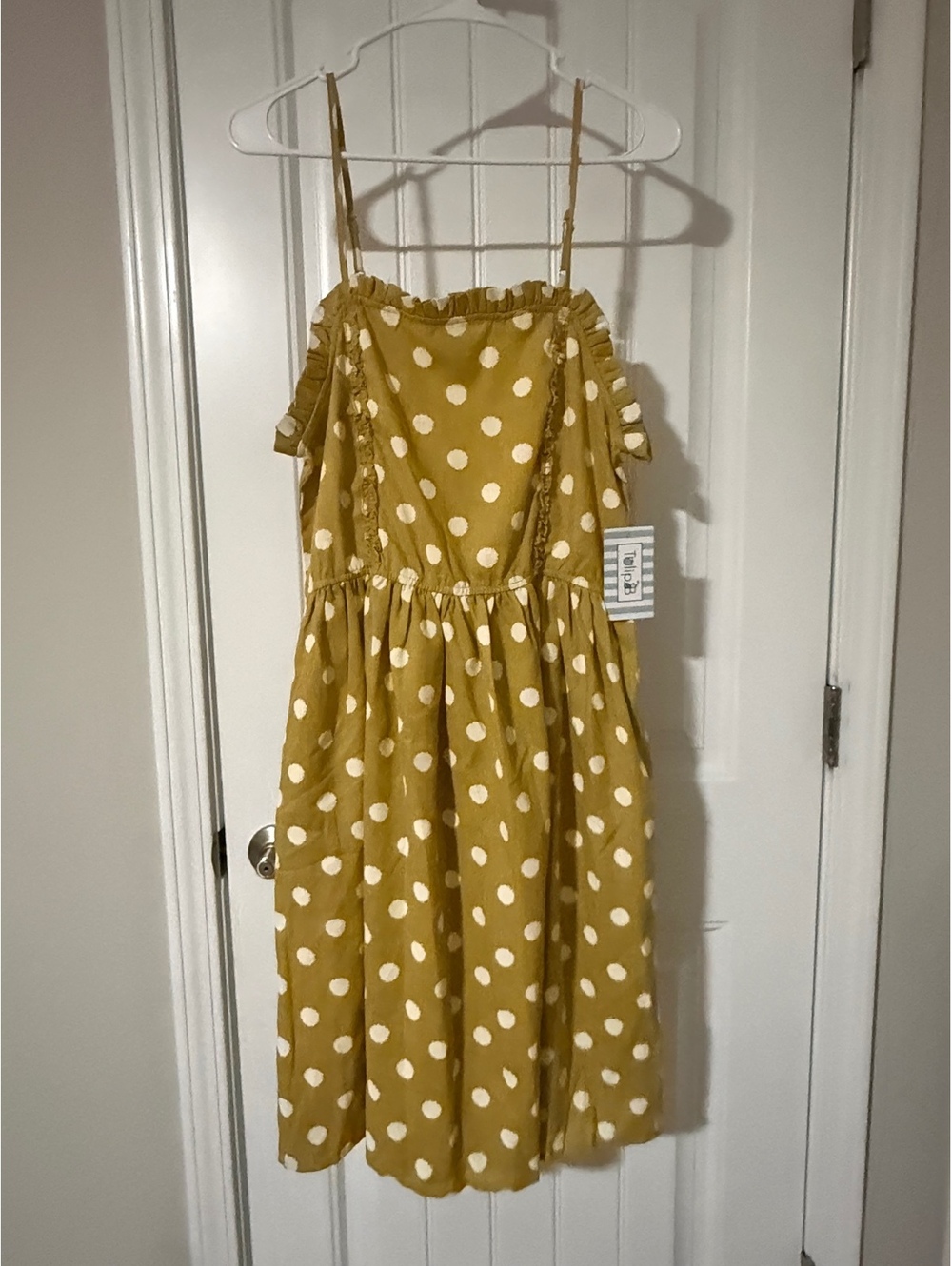 Tulip B Vintage Mustard Yellow Polka Dot Midi Dress with Ruffle Details Size M
